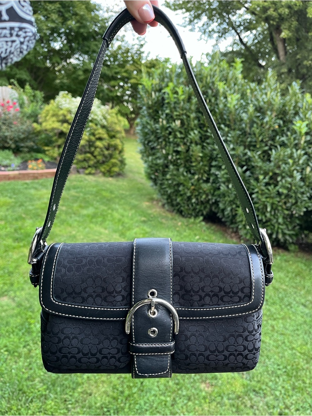 Coach Soho Signature C Flap Shoulder Bag - Black Canvas & Leather